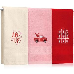 SmoothNovelty 3 Pcs Valentine's Day Hand Towels for Bathroom Love Heart Embroidered Bathroom Towels Valentines Farmhouse 13.78 x 29.53 Inch Absorbent Soft Cotton for Kitchen Dish Fast Drying Decor