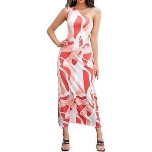 One Shoulder Dress for Women 2025 Summer Print Sleeveless Cut Out Ruched Party Bodycon Maxi Dresses, Small,  Red