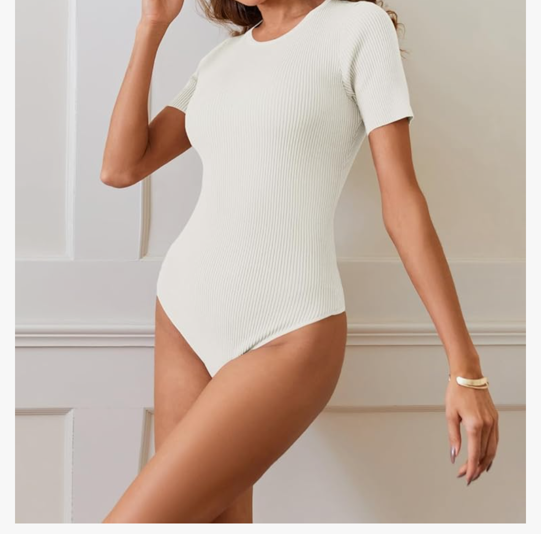 MEROKEETY Women's Short Sleeve Crewneck Bodysuits Summer Ribbed Knit Tops Slim Fit Body Suit White M