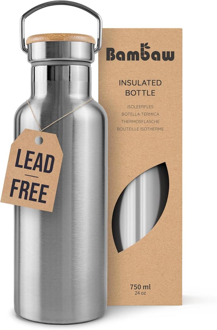 Bambaw Insulated Water Bottle 24oz | Stainless Steel Water Bottle | Insulated Water Bottles | Travel Water Bottle | Metal Water Bottle | Large Water Bottle | Reusable Water Bottle 750 ml (Silver)