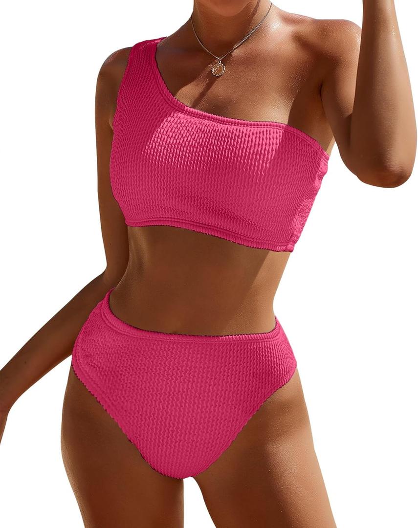 Bikini Sets for Women High Waisted 2 Piece Bestselling Swimsuit Ribbed One Shoulder Tummy Control Bathing Suit 2025 (Medium, Pink)