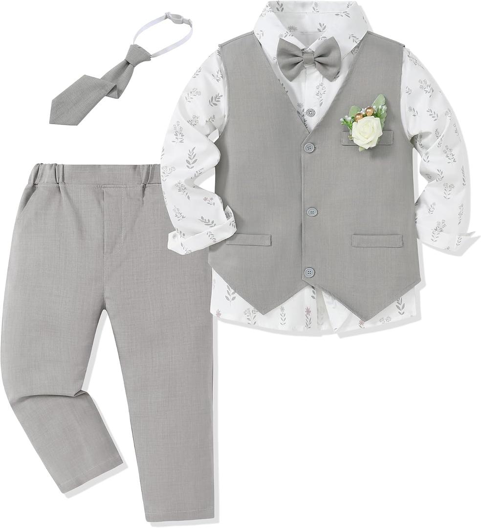 SANMIO Toddler Boys Suits Clothes Dress Boys Gentleman Wedding Suit Outfits 6-Piece Vest Pants Set for 2-12 Years