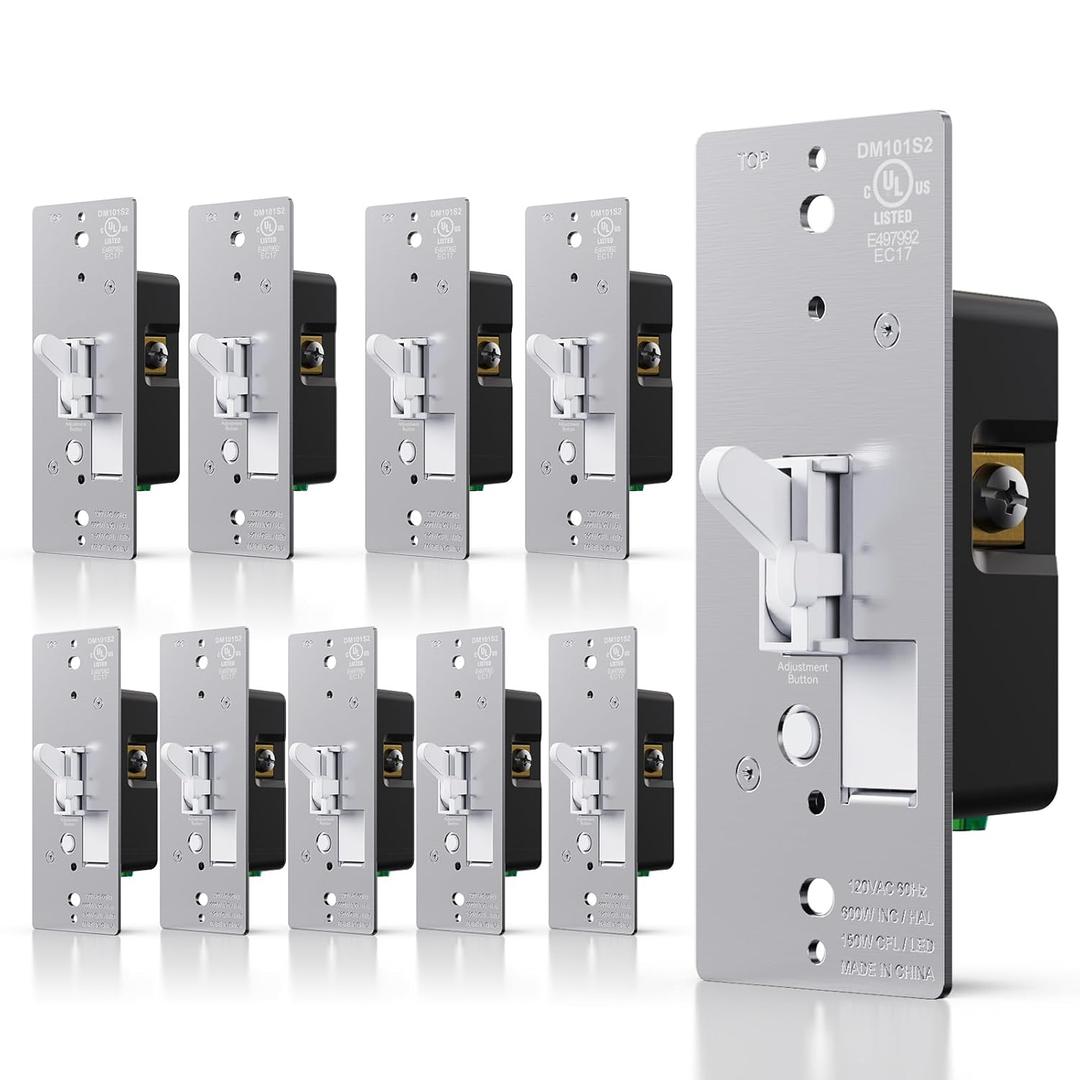 AIDA Toggle Slide Dimmer Switch for Dimmable LED Light/CFL/Incandescent 600 Watt max, Single-Pole or 3-Way, Rocker On/Off Wall Switch with Dimmer Slider, Wall Plate NOT Included, UL, White, 10 Pack
