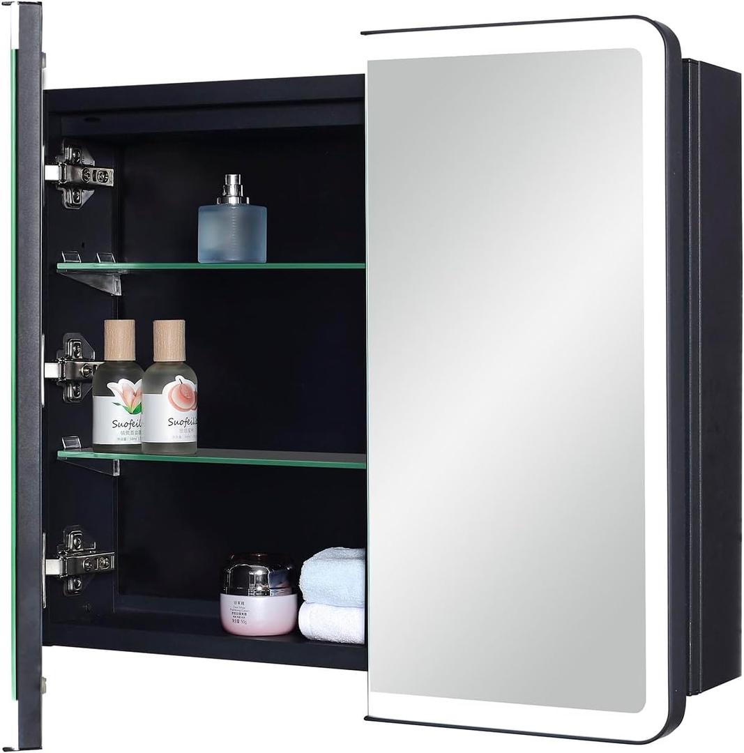 LED Bathroom Medicine Cabinet with Round Corner Framed Mirror Door 22 x 20 inch, Recessed or Surface Mount, with Adjustable Glass Shelves Shelves