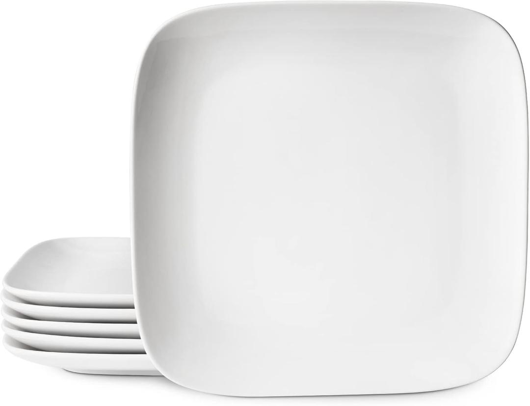 DOWAN 10.6" Square Dinner Plates Set of 6 - White Ceramic Plates for Dinner, Salad, Appetizer & Dessert, Microwave, Oven, Dishwasher Safe - Perfect for Party, Wedding, Birthday, Mother's Day Gifts