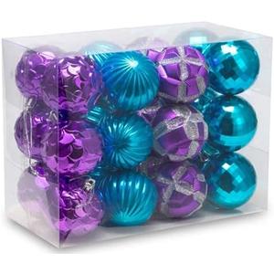 AUXO-FUN 2.36"/60mm shatterproof Christmas Ball Ornaments Tree Decoration Baubles Set of 24 Counts (Purple & Blue)