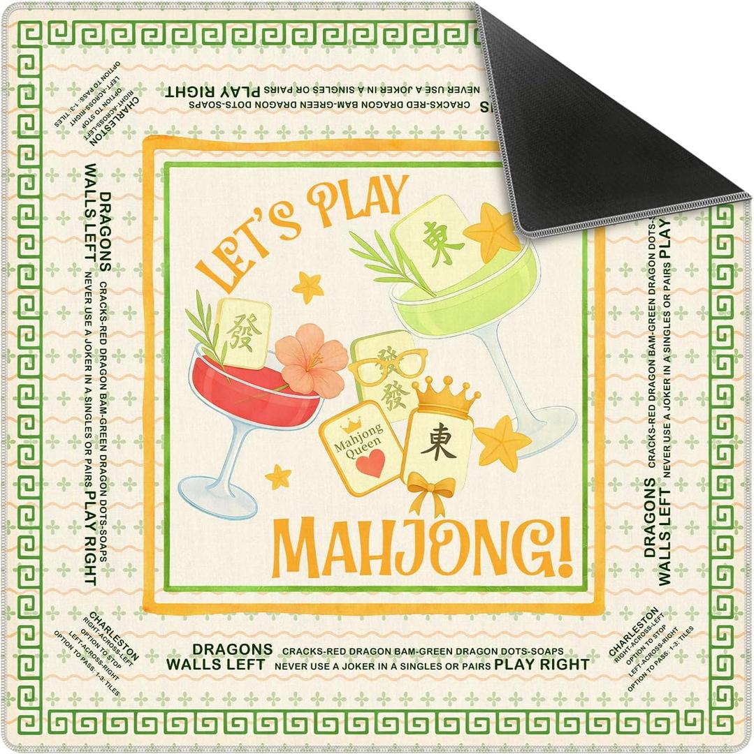 Green and Yellow Chinoiserie Mahjong Mat 31.5 x 31.5 in,Cocktail Floral Chinese Non-Slip Noise Reduction Gaming Mat for Table American Mahjong Poker Board Games Card Games Dominoes