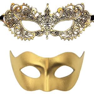 Couple Masquerade Lace Mask Set, Fit for Women and Men Venetian Halloween Masks, Specially for Costume, Mardi Gras (Gold)