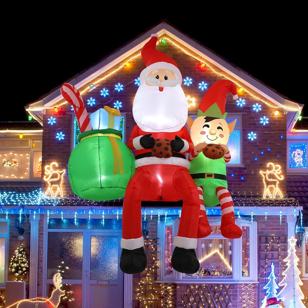 8FT Santa Claus Sitting on The Roof Christmas Inflatable Decoration with LED Lights, Suitable for Holiday Celebration Decorations in Courtyards, Lawns, Terraces, etc.