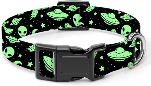 SXboxing Dog Collar, Cute Dog Collar for Small Medium Large Dogs, Personalized Adjustable Soft Pet Collars with Quick Release Buckle for Walking Running, Green Alien