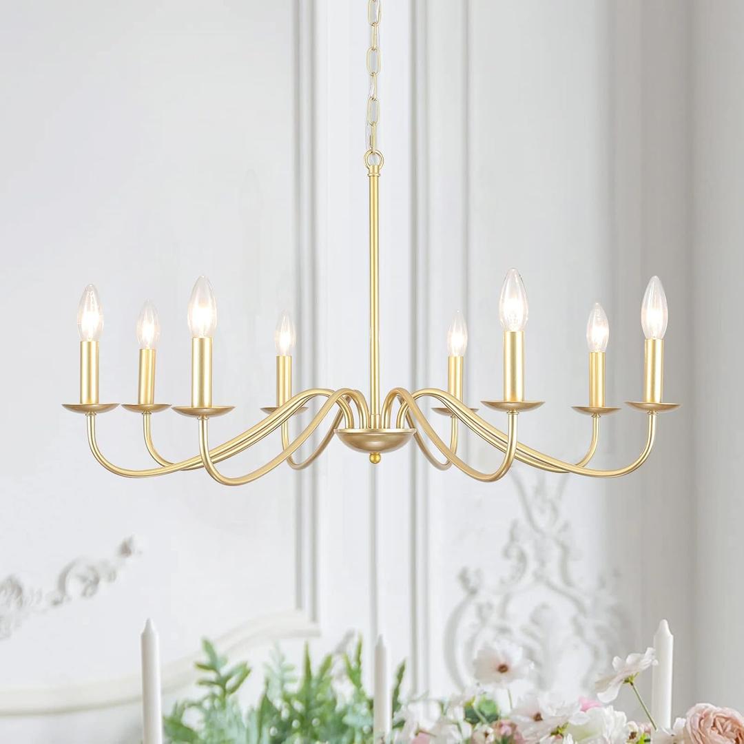 Gold Chandelier 8-Light Modern Farmhouse Chandelier Lighting Fixtures Rustic Candle Hanging Chandelier for Living Room Foyer Hallway Bedroom Kitchen