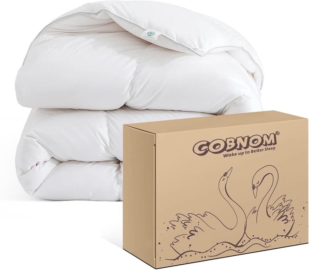 Cobnom Feather and Down Fibres Comforter Queen Size - 100% Organic Cotton, Quill-Free & Ethical, Luxury All Season Duvet Insert (White, 90x90 Inches)