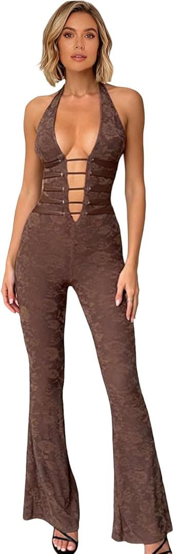 MXVPY Women Sheer Mesh Lace Jumpsuit Sexy Sleeveless See Through Hollow Out Bodycon Jumpsuits One Piece Club Party Romper (Small)