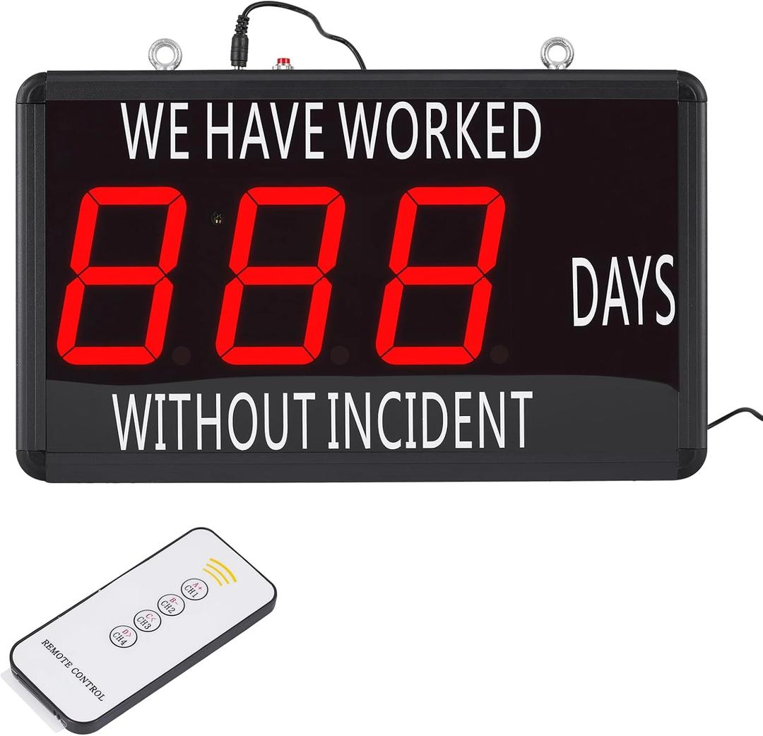 JIAWANSHUN Days Without Incident Sign,4.5" Electric Safety Scoreboard with Red LED Screen, Aluminum Bezel &Reset Key, Days Without A Lost Time Accident for Raising Safety Awareness 14x10x2 Inches