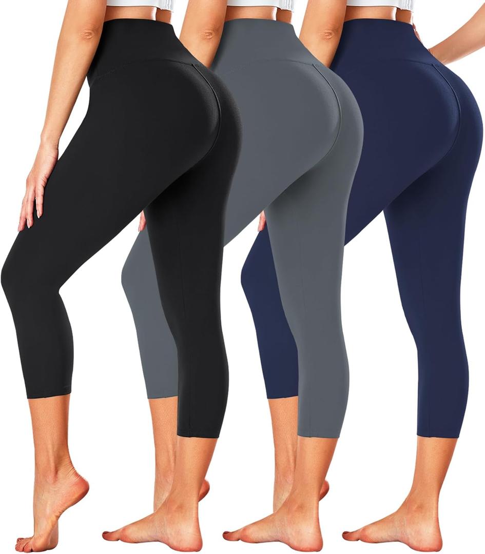 FULLSOFT 3 Pack Capri Leggings for Women - High Waisted Tummy Control Black Workout Yoga Pants (Small-Medium)