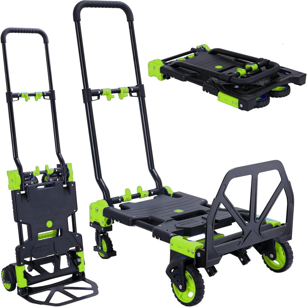 2-in-1 Folding Hand Truck Dolly 330LB Load Carrying, Hand Truck Foldable Dolly with Retractable Handle and 4 Rubber Wheels, Portable Folding Hand Cart for Moving/Travel/Office(Green)