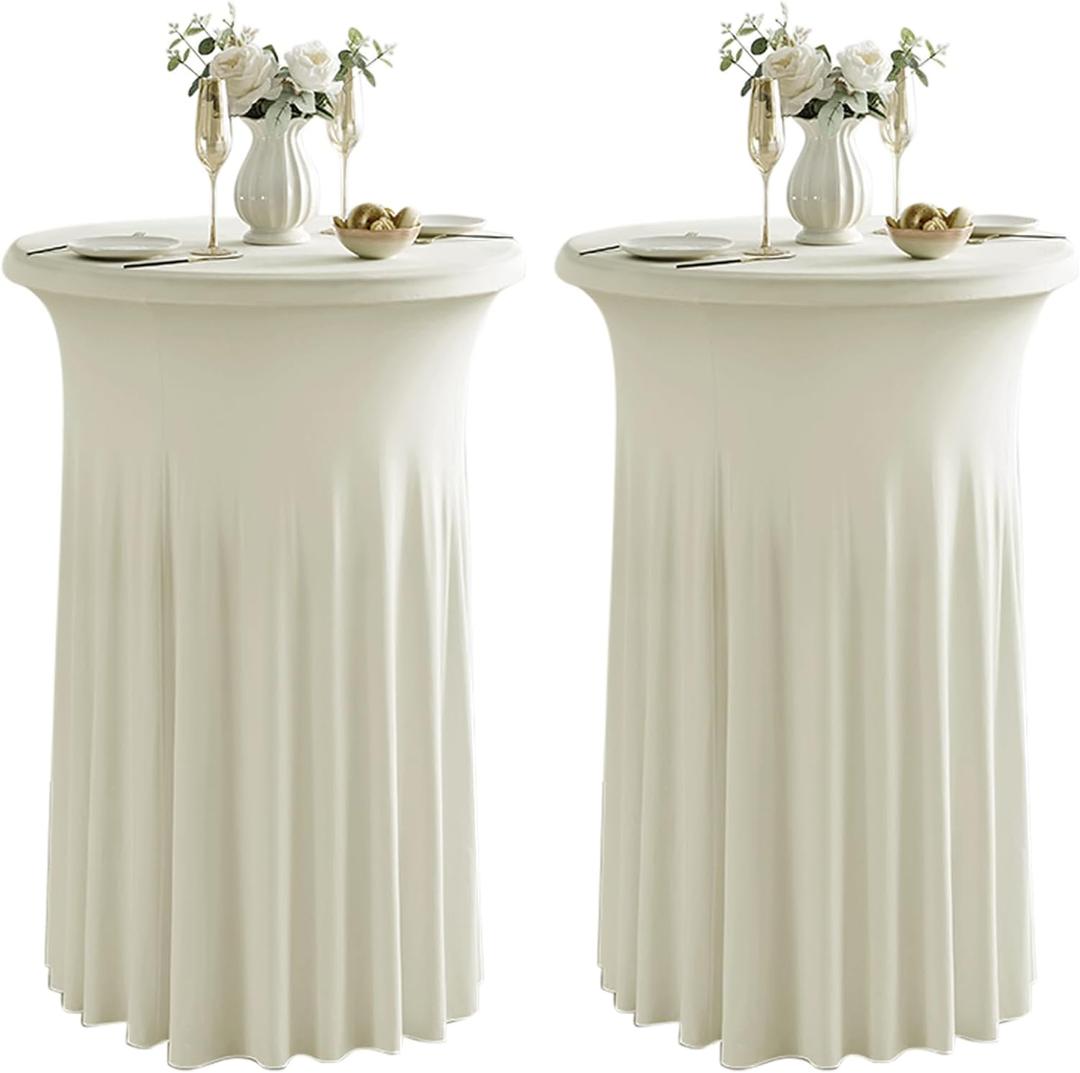 Qubjus 2 Pack Round Cocktail Tablecloths with Skirt Stretch Spandex Table Cover 24"x43" Cocktail Round Tablecloth for Party Wedding Birthday Banquet, Beige