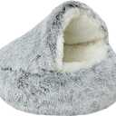 Dog Cave Bed for Small Dogs Cats Pets, Anti Anxiety Calming Plush Dog Beds, Fluffy Covered Hooded Cozy Burrow Puppy Beds, Anti-Slip Bottom Washable Pet Sleeping Bag (20" D, Grey)
