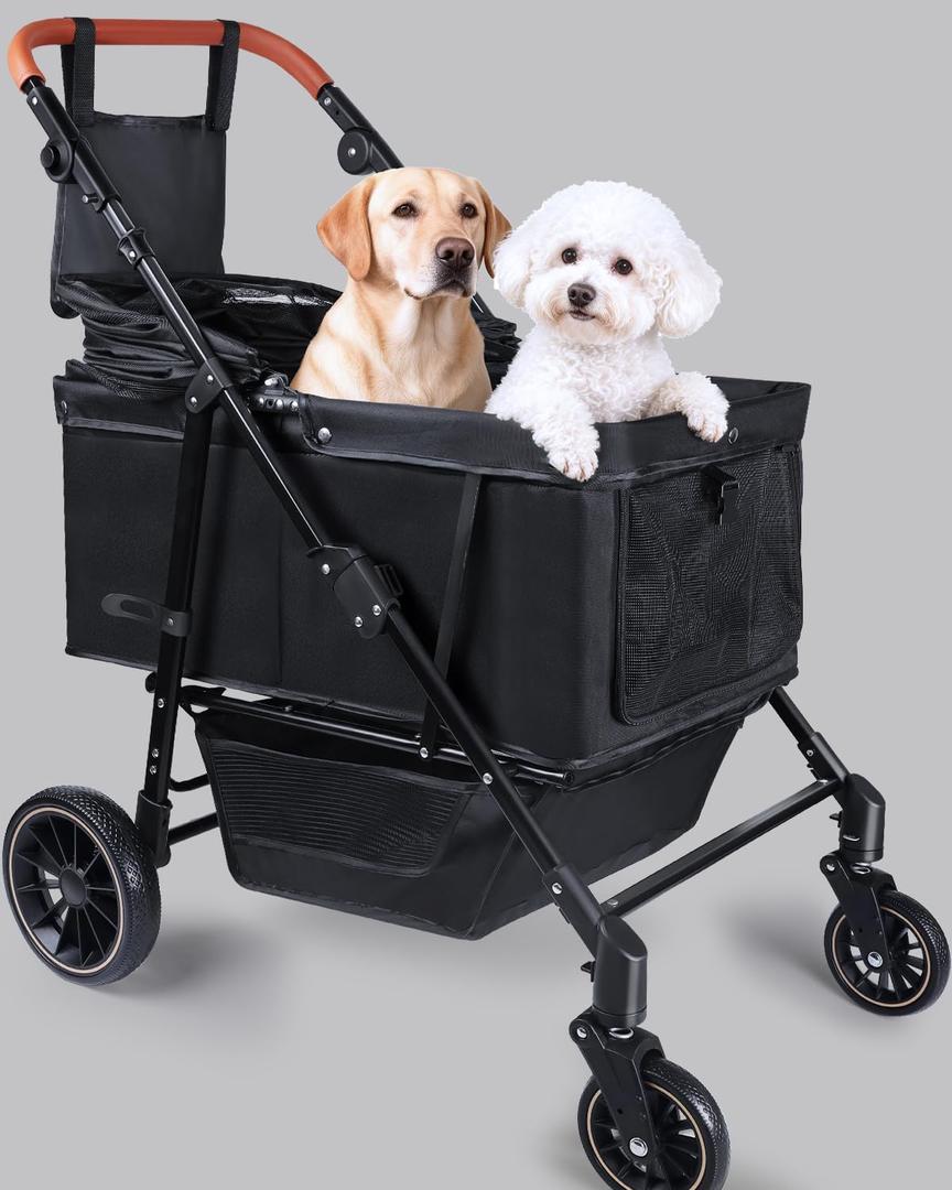 Dog Stroller for Large & Medium Dogs (Up to 66lbs), Pet Stroller for 2 Small Dogs with Adjustable Handle & Canopy, Sun Shades, Storage Organizer, Foldable & Ventilated,Black