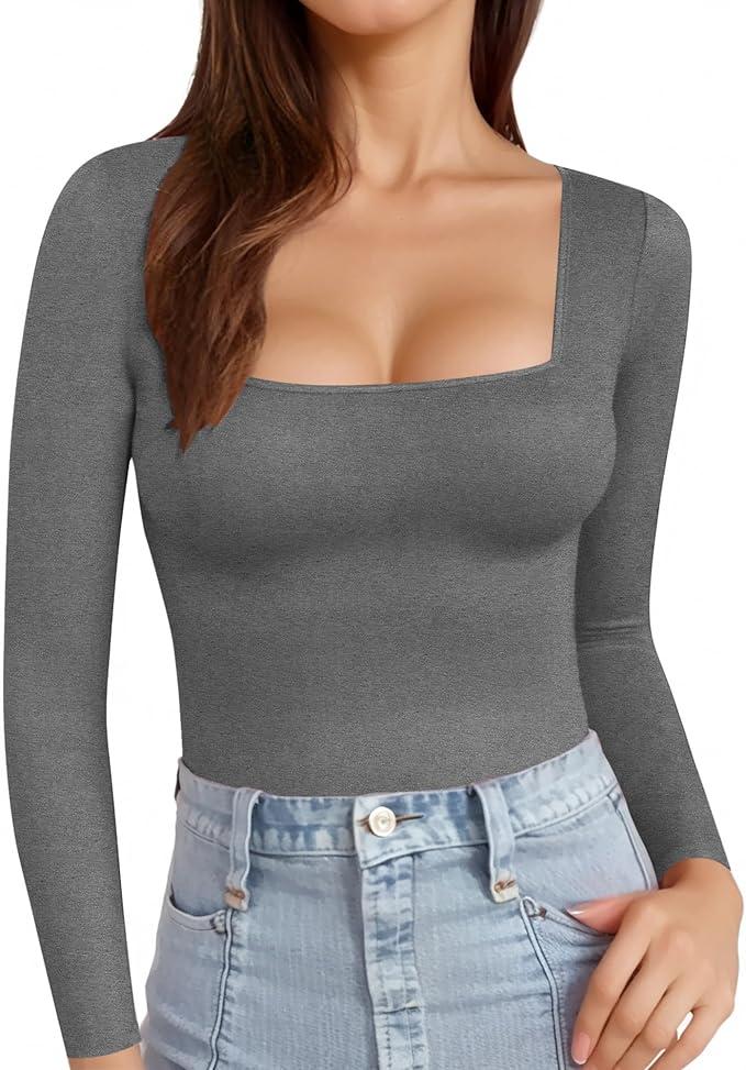 MANGOPOP Womens Square Neck T Shirts Long Sleeve Short Sleeve Tops Fitted Tees, Size S