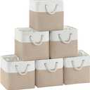 FinishingBo Fabric Cubes Storage Basket, 6 Pack 11x11 inch with Handles Cube Storage Bins, for Shelves, Home, Office Organizers (White/Khaki)