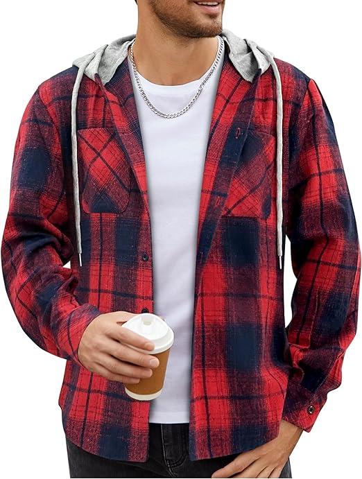 COOFANDY Men's Flannel Hoodie Plaid Shirt Long Sleeve Button Down Casual Shirt Jacket Lightweight Fall Shacket  Size L