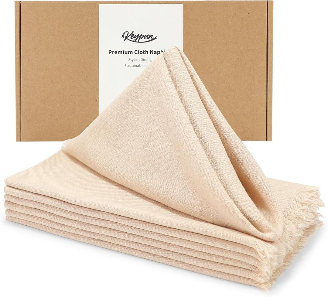 keypan Camel Cloth Napkins Set of 6, Linen Cotton Table Rustic Fabric Napkin Washable Bulk with Fringe for Thanksgiving Dinner Wedding Boho Fall Decor Party 17x17 inch