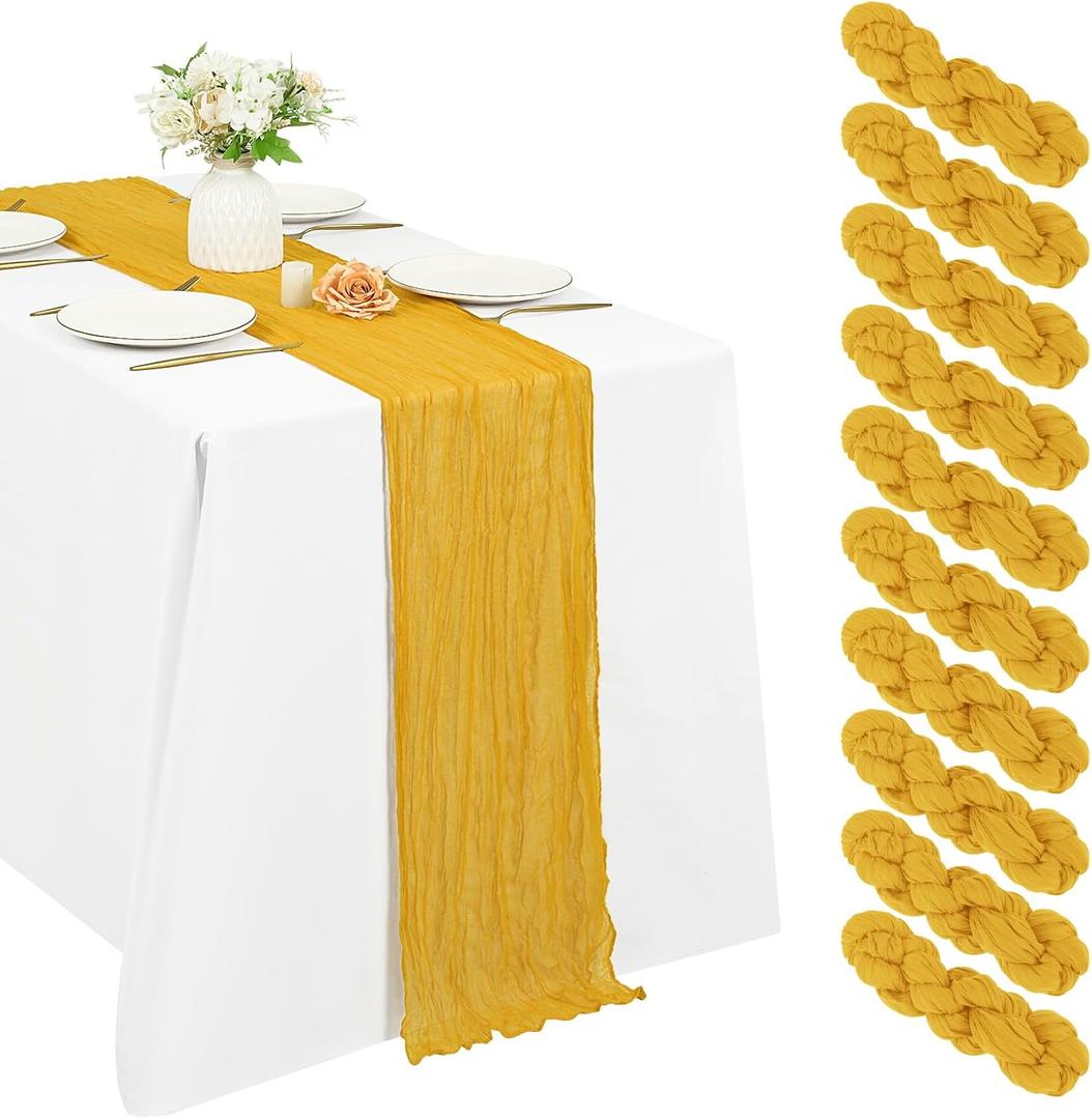 10 Pack Cheesecloth Table Runner 20 x 120 inch Long Boho Gauze Table Runners 10FT Semi Sheer Table Runner for Wedding Decor, Baby Shower, Birthday Party, Banquet (Gold)