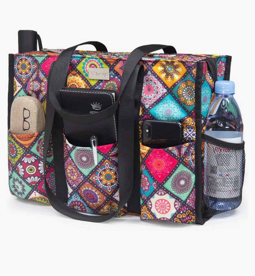 TOPDesign Utility Water Resistant Tote Bag with 13 Pockets, Top Zipper Closure & Thick Bottom Support, for Working Women