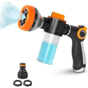 Garden Hose Nozzle with Soap Dispenser, 8 Patterns (Black, Orange) | Car Wash and Foam Sprayer Attachment, Adjustable Dial, ABS Body, Fits 3/4 In Thread, for Cars, Decks, Yards, and Dog Rinsing