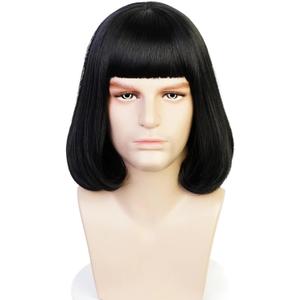 Short Straight Black Bob Wig Lord Costume Wigs with Bangs Synthetic Hair for Men Women Halloween Party