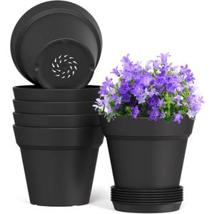 7 Inch Thick Plastic Plant Pots with Drainage Holes and Trays  6 Pack Nursery Pots for Indoor & Outdoor House Plants, Seedling Starter Planters for Garden Flowers, Matte Black 7 Inch Thick Plastic Plant Pots with Drainage Holes and Trays  6 Pack Nursery Pots for Indoor & Outdoor House Plants, Seedling Starter Planters for Garden Flowers, Matte Black