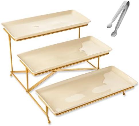 YOLIFE 3 Tier Serving Tray for Party, Display Fruit Dessert Tiered Tray Stand, 14 inch Beige Platters with Collapsible Sturdier Gold Iron Rack
