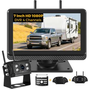 Wireless Backup Camera, RV Backup Camera with 7" HD Monitor, IP69K Waterproof IR Night Vision Back Up Camera Systems for Truck, 4 Channels Split Screen, Loop Recording for RV, Truck, Trailer, Camper