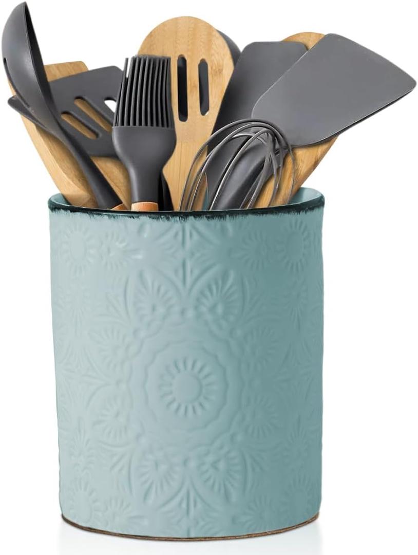 Comfify Large Ceramic Kitchen Utensil Holder with Old-Fashioned Floral Pattern  Elegant Turquoise Blue Decorative Crock for Countertop Organization  Organizer for Tools, Spatulas, Spoons & More