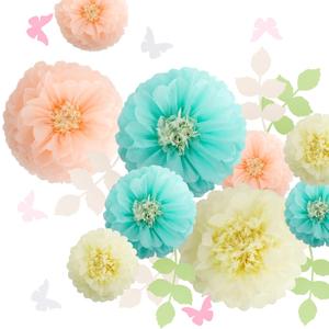 Fonder Mols Tissue Paper Chrysanth Flowers with Butterfly and Olive Leaves for Wedding Baby Shower Nursery Room Parties & Events Decorations Pom Poms (Cream Peach Mint)
