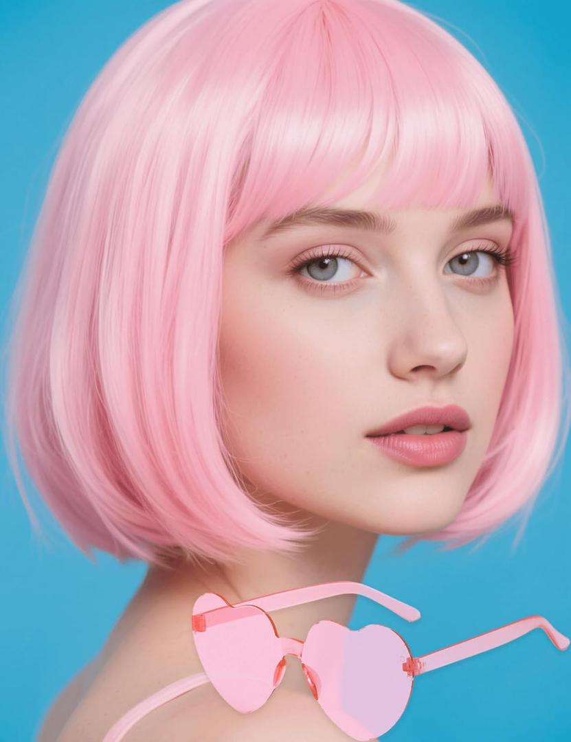 Light Pink Bob Wig with Heart Sunglasses - Heat-Resistant, Synthetic Fiber, Adjustable and Natural Looking