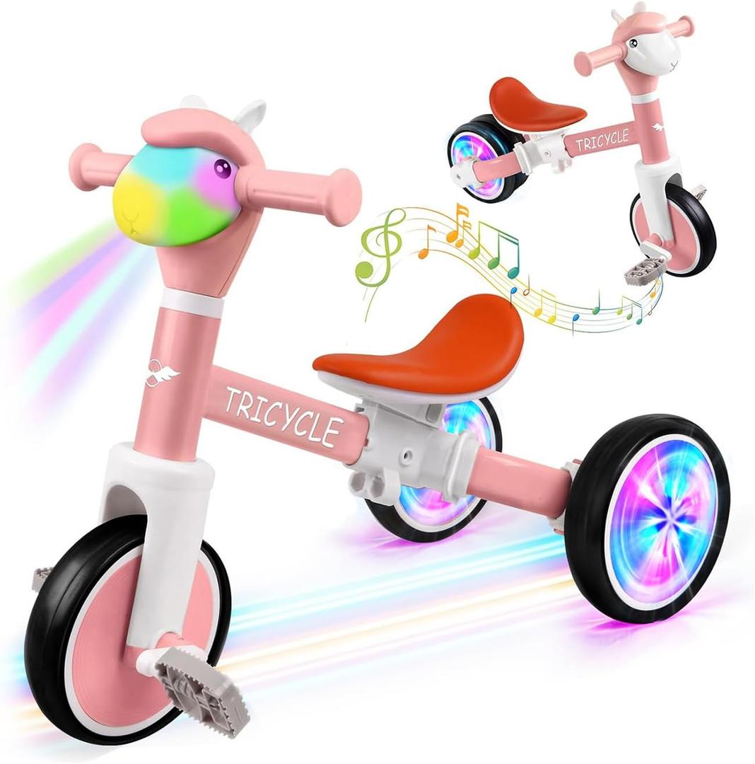 Toddler Balance Bike with Light Wheels & Music Front, Tricycle for Toddlers 1-5 Year Olds, Toddler Tricycle for Boys Girls, Kids Bicycle Birthday Gifts for Kids (Flash Wheel Pink)