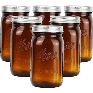 Polytun 32 oz Wide Mouth Amber Glass Mason Jars (6 Pack) - BPA Free, Air Tight, Leak Resistant - Quart Mason Jars for Canning, Storing Food, Spices, and Meal Prep