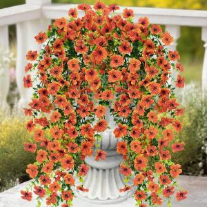4 Pcs Outdoor Fall Decor, Fall Flowers Artificial For Decoration, Artificial Mums For Outdoors, Fake Mums Faux Mums For Outside Half Sphere, Fake Hanging Plants Plastic Flowers For Outdoors Home Porch (Orange)