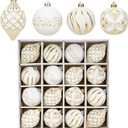 16PCS Shatterproof Christmas Ball Ornaments Set, Hand-Painted Holiday Decor with Assorted Sizes & Designs for Christmas Tree Thanksgiving Party Decoration, Gold-White