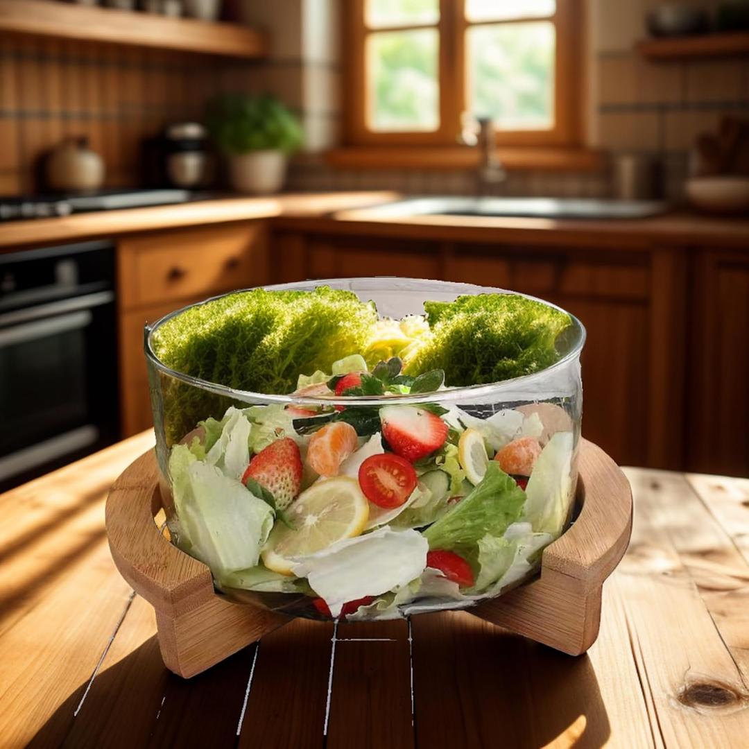 Glass Salad Bowl with WoodenBase and Utensils Large Salad Serving Bowl Set for Pasta,Fruit,Mixing Salad,Popcorn,Chip,and Decoration and Decoration (Glass 2, Transparent)