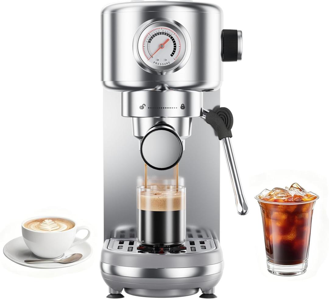 Espresso Machine Upgrade, 20 Bar Compact Espresso Coffee Machine with Milk Frother, Stainless Steel Coffee Maker with 44oz Removable Water Tank & Fast Heat System for Cappuccino, Latte