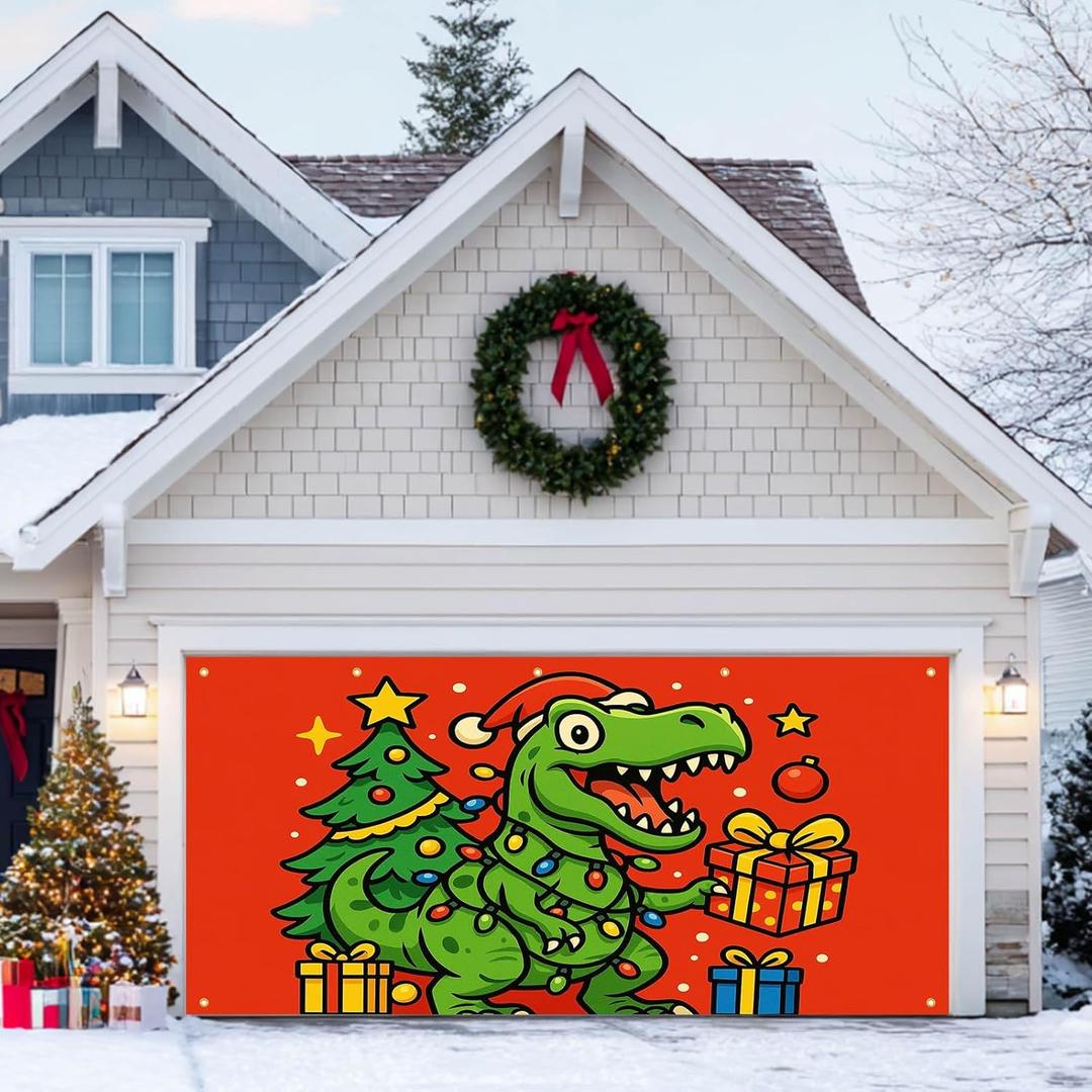 Christmas Garage Door Banner 13x6ft Dinosaur T-Rex Theme Backdrop Seasonal Christmas Decor Winter Door Cover Banners for Outside Garage Wall Covering for Party Garage Decorations