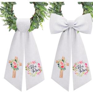 2 Pcs Christian Wreath Sash for Front Door 'He is Risen' Easter Yard Porch Boxwood Wreath Garland Decor