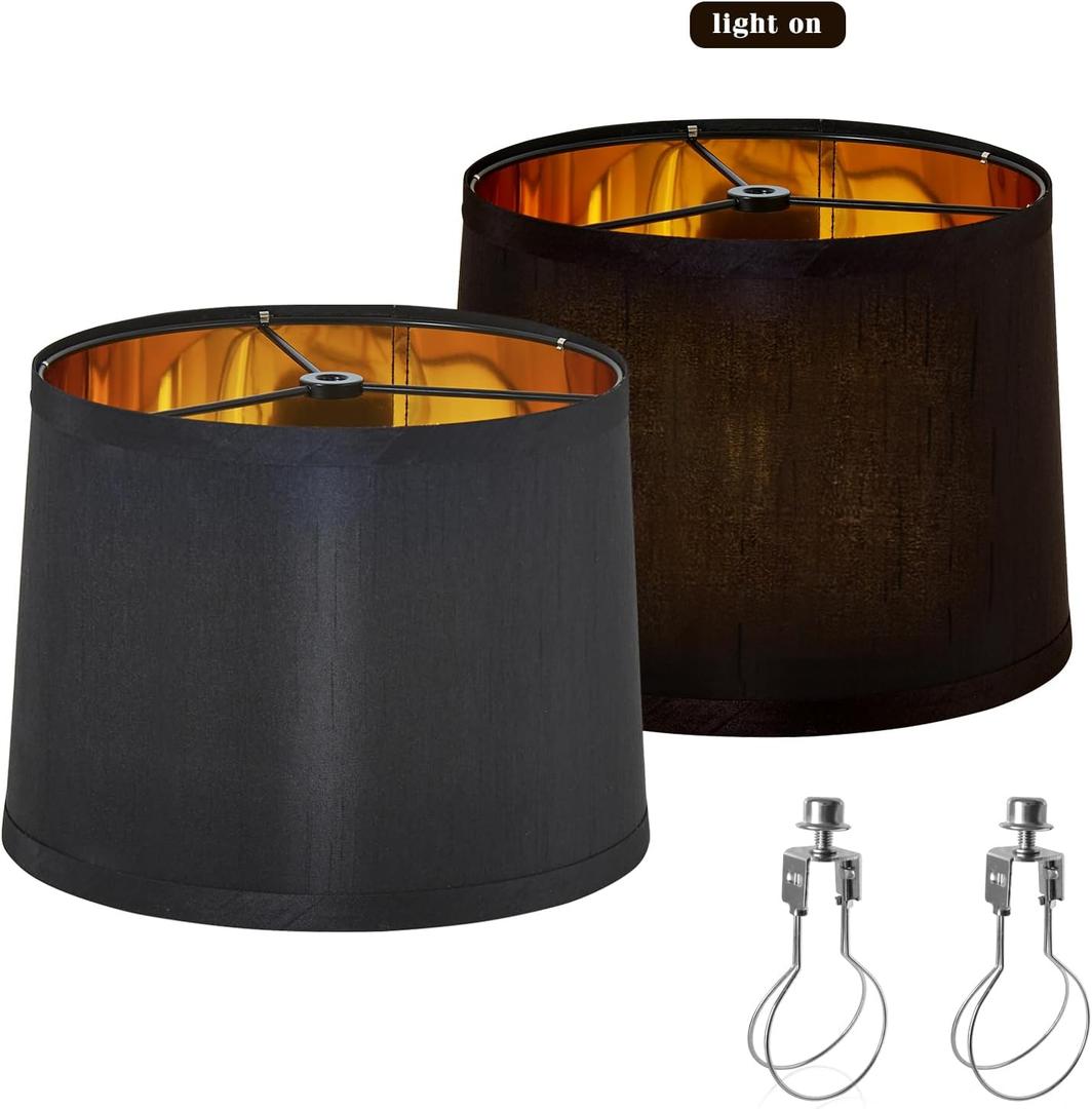 Set of 2 Drum Lamp Shade 9" Top x 10" Bottom x 7-1/2" High (Spider) Silk look Black Color for Medium Size Table Lamps & Wall Sconces Replacement Lampshade By oNext
