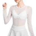 Women's Long Sleeve Sheer Mesh Tops Sexy Crewneck See Though Lace Shirts Layering Fishnet Undershirts Slim Fitted(White, X-Large)