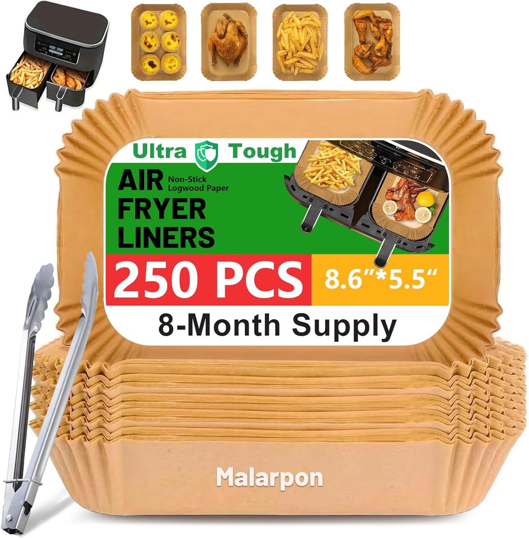 250 Pcs Air Fryer Liners Disposable 8 Inch, Non-Stick Oil-Resistant Air Fryer Paper Liners for 58 QT Baskets, Parchment Paper Liners for Air Fryer, Oven, and Microwave Use (Rectangle)