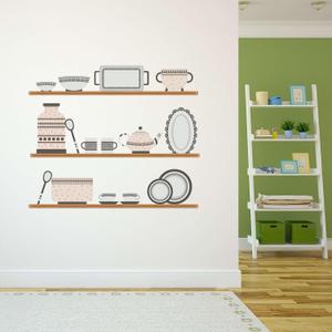 Wall Decal Cute Home Wall Sticker Retro Ceramic Crockery on Shelves Removable - Size: 30 in(W) x 24 in(H) (Multi)
