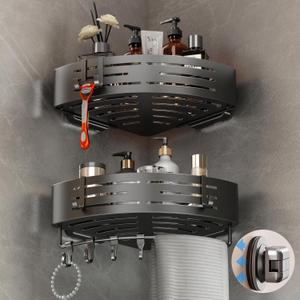 Voldra Corner Shower Caddy Suction Cup, 2 Pack Corner Shower Shelves No Drilling, Aluminum Upgrade Suction Cup Shower Organizer with Towel Bar & Hooks Removable Bathroom Storage Rack(Gray)